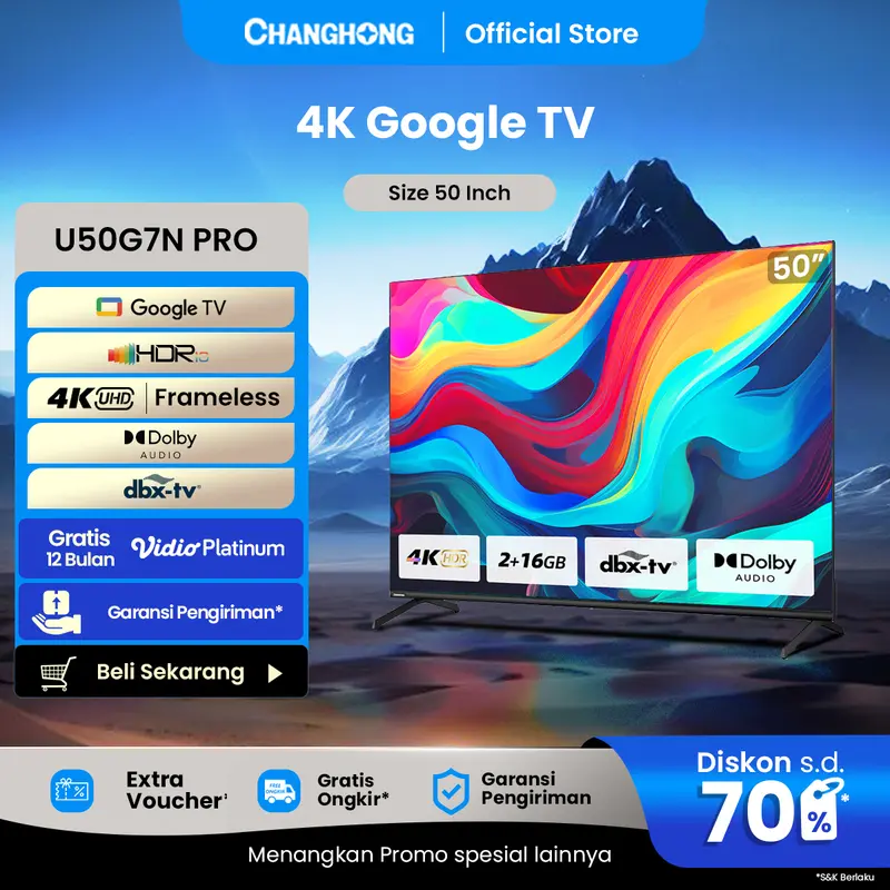 Google TV Changhong 50 inch Smart TV 4K UHD-HDR10+DBX Dolby Audio Google Assistant-Digital TV (U50G7N Pro) 0
