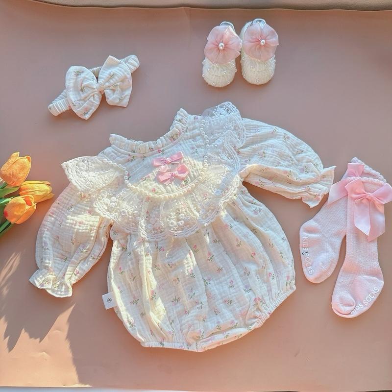  HằngM31A Body Váy Đầm Bé Gái Sơ Sinh 0-12 Tháng Xô Musslin Dài Tay 2 Nơ Ren Cho Nàng Công Chúa Từ 3-11kg Chất Liệu An Toàn Xuất Khẩu 