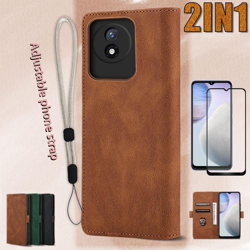 Ốp Da Lật 2 Trong 1 Cho VIVO Y02 Y02A Y02t Y11 2023, Ví Có Khe Cắm Thẻ, Ốp Có Bảo Vệ Màn Hình Bằng Gốm Và Dây Buộc Điện Thoại Có Thể Điều Chỉnh