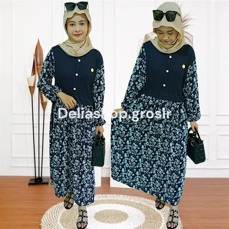 MIDI DRESS MOTIF BUNGA MELATI || BAHAN KNIT KOMBINASI CRINKLE AIRFLOW Muslim Wanita Mewah tunik Nyaman Variasi 2