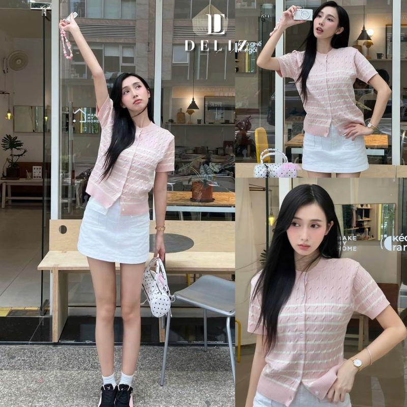 [BST MỚI] DELIZ - Áo len ngắn tay phối cúc kẻ sọc cho nữ basic len lông thỏ vặn thừng PL46