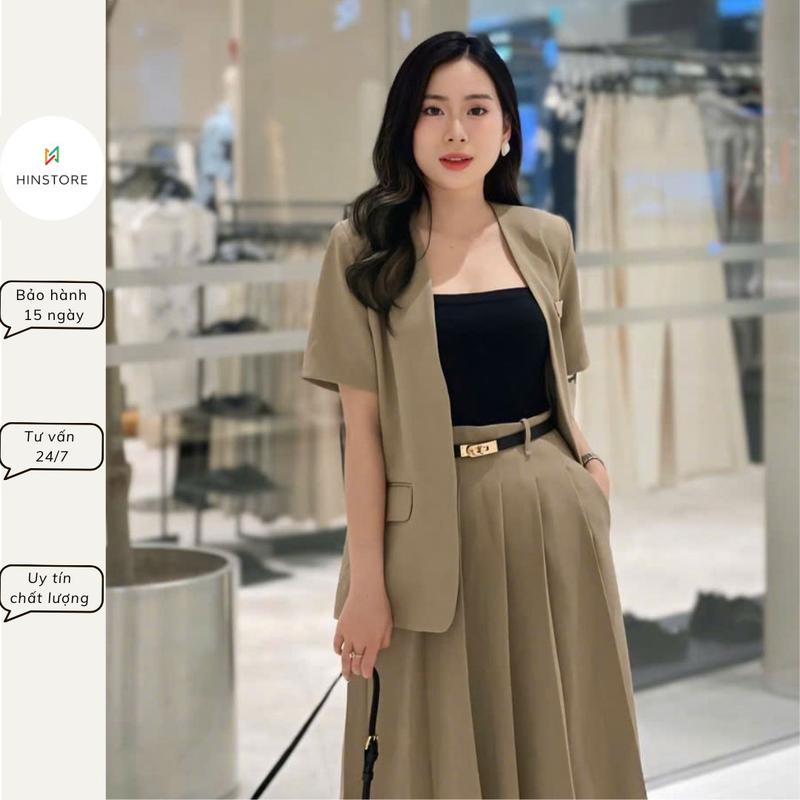 Set Vest công sở chân váy HINSTORE áo vest dáng suông không ve chân váy xếp ly dáng dài xòe A 359