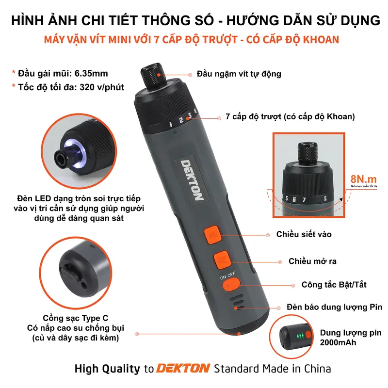 Máy Siết Vít Điện Tử Mini 4V Dekton / Lắp Đặt PC / Vặn Vít Tủ Điện / Sửa Đồ Gia Dụng / Tháo Lắp Dàn Áo Xe / DK-CV0402 / DK-VT08PLUS 1