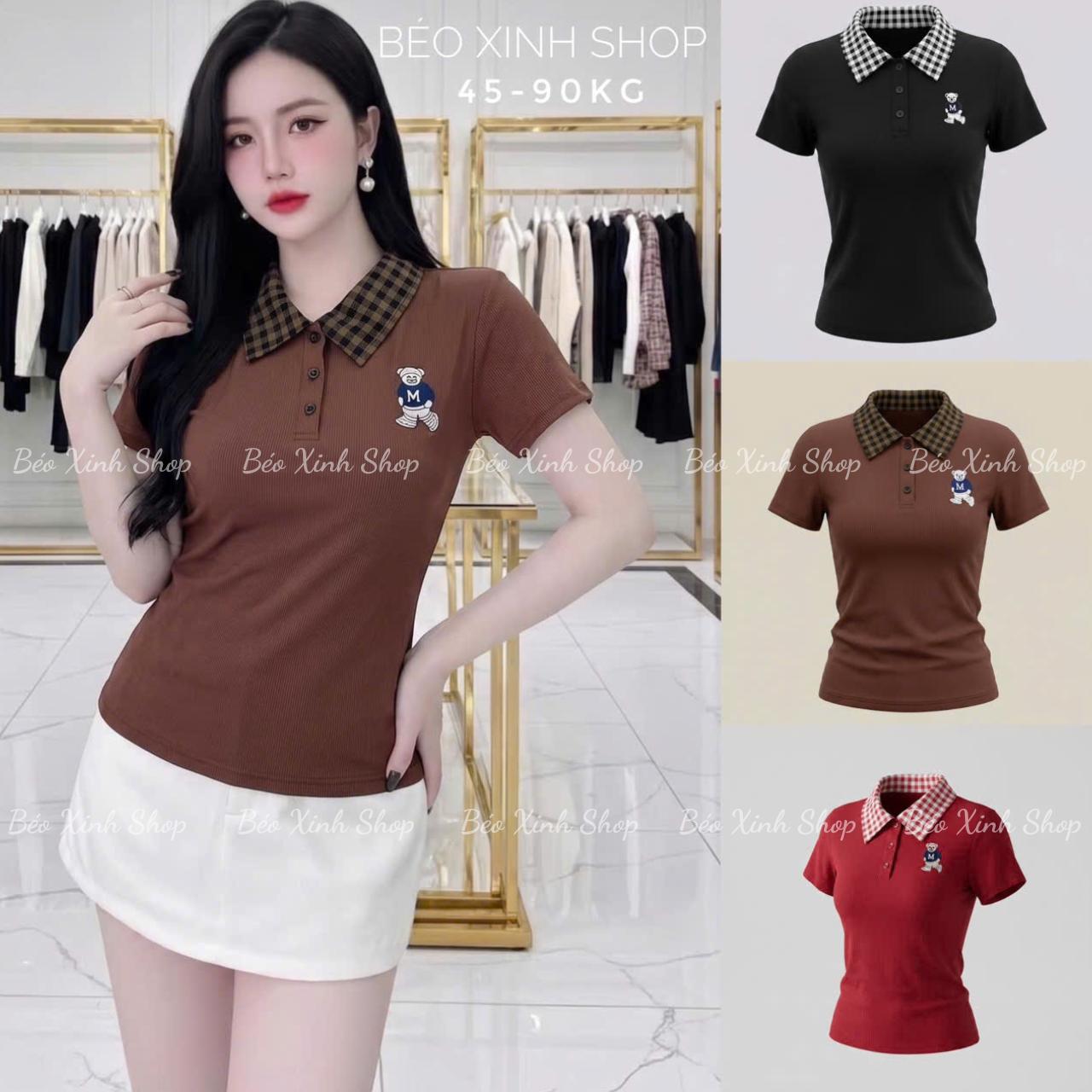 Áo Thun Polo Nữ Cổ Caro Phối Thêu Gấu Vải Thun Gân Tăm Cao Cấp Thanh Lịch Bigsize 45–90kg Dễ Thương Nữ Women Top Nhung - A.1795