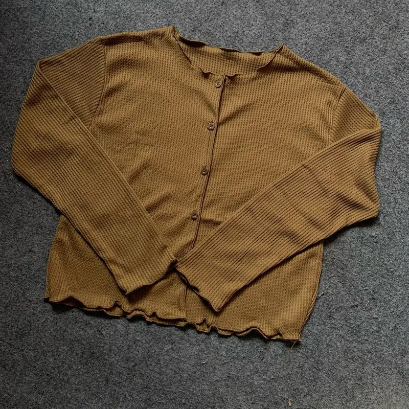 Cardigan Waffer Korean Style Crop top Wanita Lengan Panjang Bahan Lembut Tebal,Premium Atasan Baju Kancing Cewek Cantik Fit Nyaman Rib Waffle