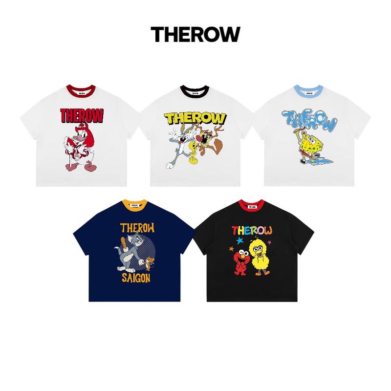 Áo Thun Boxy Local Brand THEROW Tay Ngắn Cotton 250gsm " PHỐI CỔ HOẠT HÌNH " Áo Phông Forrm Rộng Mùa Hè Kiểu Đẹp Unisex Nam Nữ Form Rộng