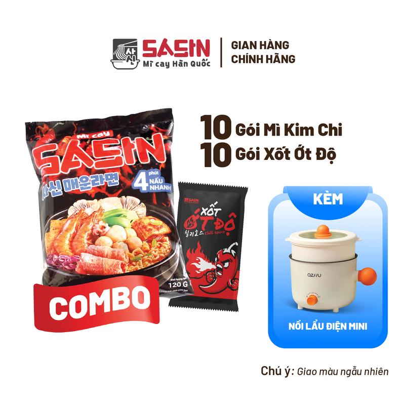 Combo 10 gói mì cay Sasin kim chi kèm nồi lẩu điện mini + 10 gói ớt độ BSET0136