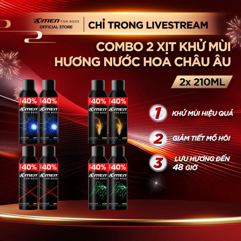   TĂNG 40% DUNG TÍCH  Combo 2 Xịt khử mùi X-Men For Boss Intense  Luxury Legend Motion 210ml chai - Hương nước hoa châu Âu 