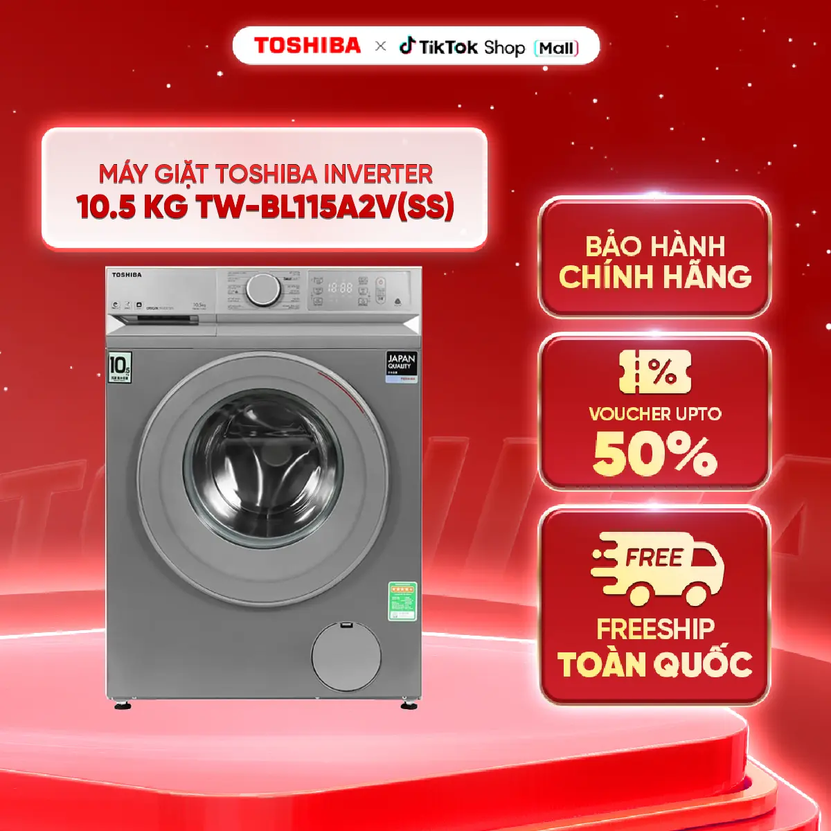 [BÁN CHẠY - MIỄN PHÍ LẮP ĐẶT] Máy giặt Toshiba inverter 10.5 kg TW-BL115A2V(SS) - Kết nối Wifi và điều khiển từ xa bằng điện thoại thông minh