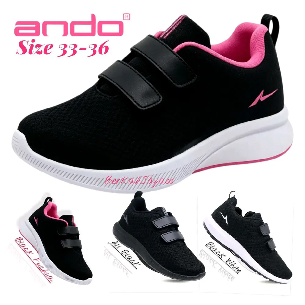 Ando Sepatu Sekolah Anak Perempuan Hitam Pink Fuchsia Model Terbaru BSC MIA Sip Saga Velcro Nyaman Anti Selip Trendy