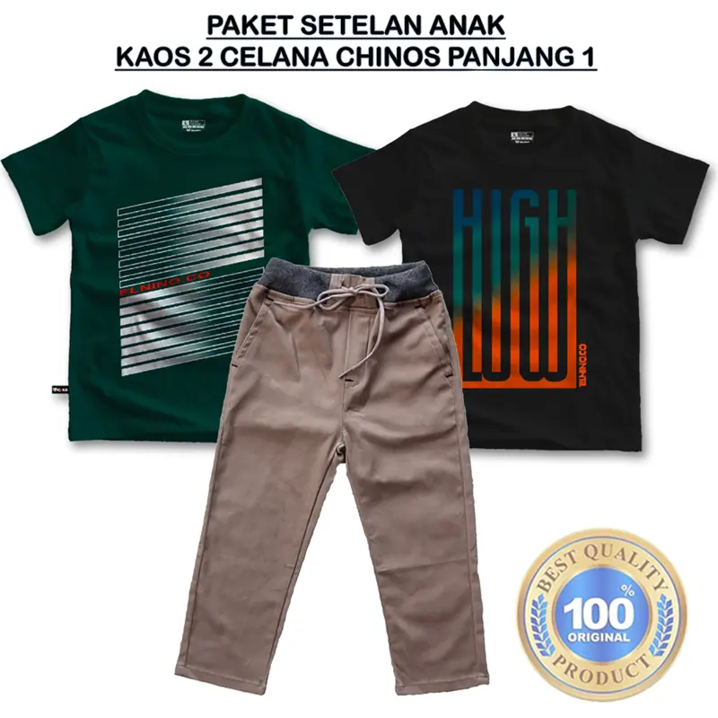 Paket setelan anak laki laki 2 kaos 1 celana Chino panjang usia 3,5-14 tahun bahan premium Kids 2