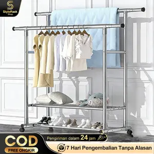 Rak Gantungan Baju Berdiri Stainless Steel Tebal Jemuran Baju Stainless Jemuran Baju Dobel Pool Roda dalam rumah untuk jualan tiang