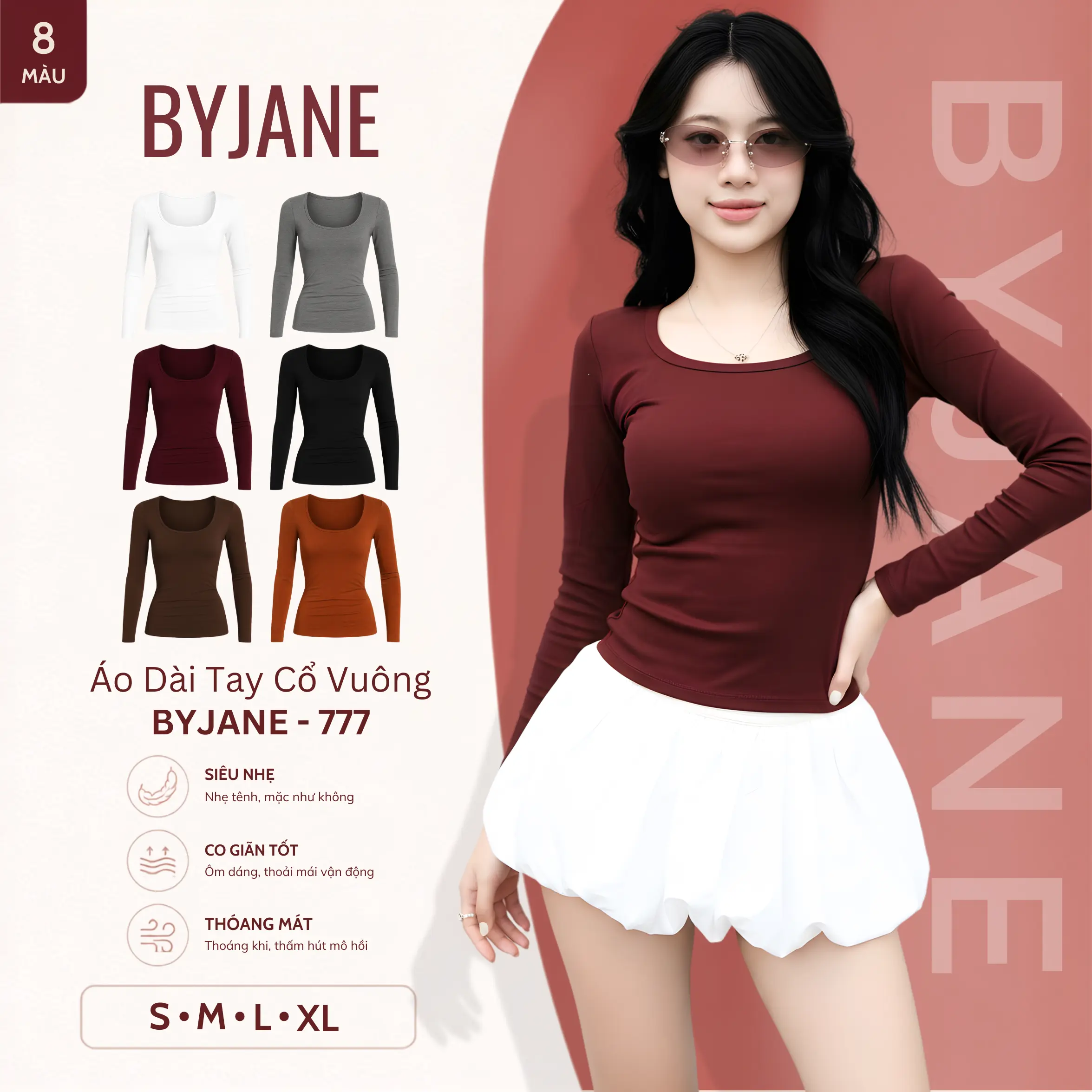 [ MÀU MỚI ] Áo Thun Dài Tay Cổ Vuông Ôm Body Chất Thun Mịn Co Dãn 4 Chiều BYJANE - 777