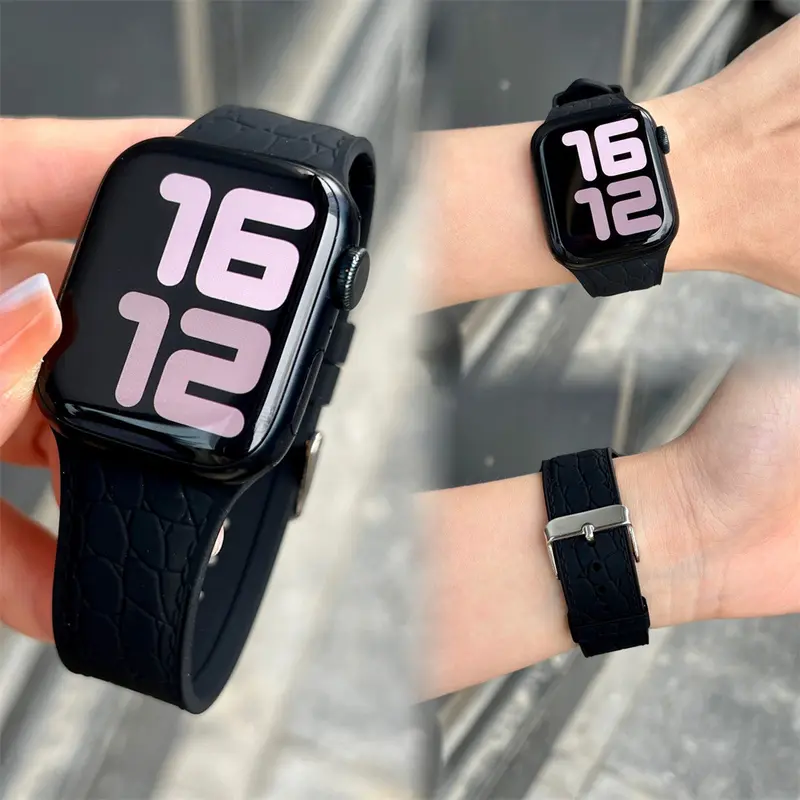 Dây đeo đồng hồ silicon với kết cấu cá sấu, dây đeo cho Apple Watch S9 /8/7/6/5/4/3/ 2 / 1 SE2 ULTRA, thiết kế khóa pin, dây đeo thay thế silicon mềm cho iWatch 49MM 45 44 42 41 40 38 1