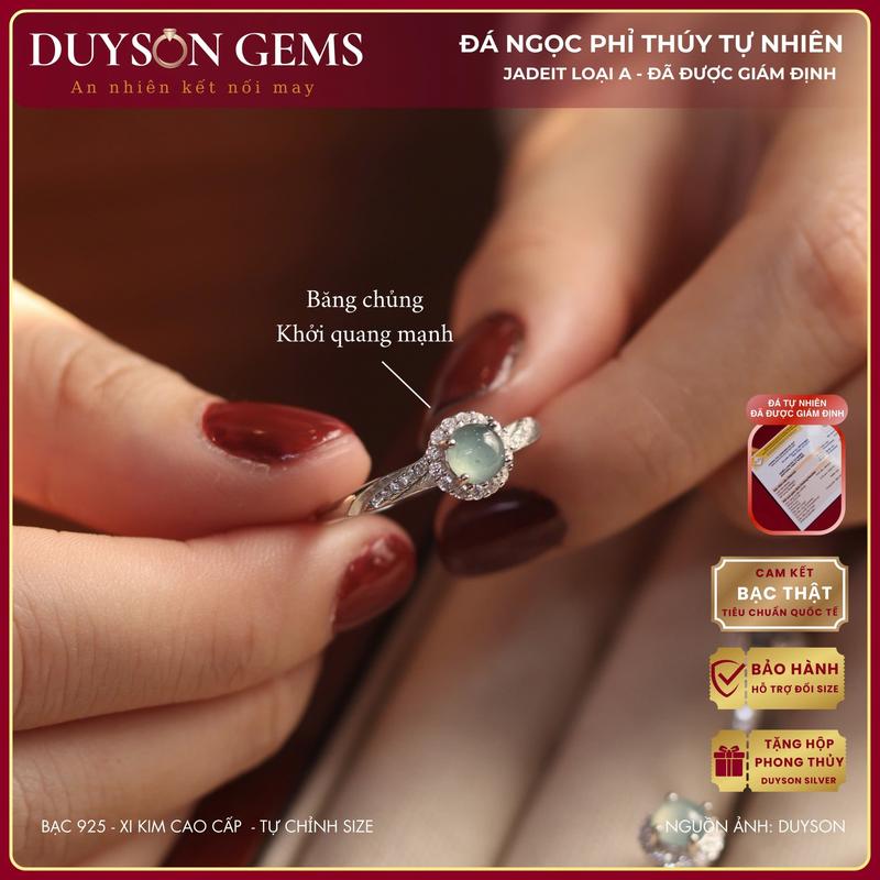  Nhẫn ngọc phỉ thúy cẩm thạch thiên nhiên type A cao cấp Duyson Gems nhẫn bạc Ý đính đá phong thủy 