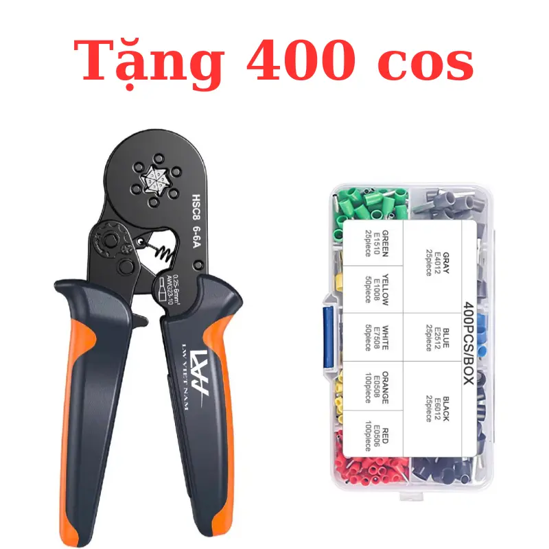 [Kèm 400 Cos] Kìm Bấm Cos Lục Giác LW HSC8 6-6A Tự Điều Chỉnh - 400 Đầu Cos Ống Tròn, Pin Kim Rỗng