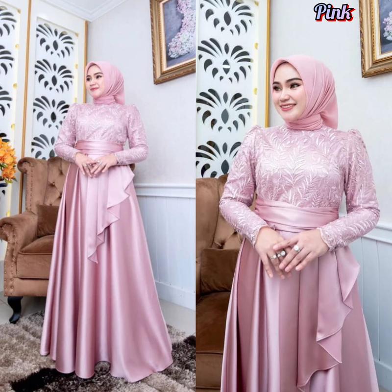 Dress Pesta Satin Roberto Mix Brokat / Gamis Keluaran Terbaru / Dress Aplikasi Brokat / Dress Wanita Jumbo / Azura Maxy Dress Kondangan Mewah 7