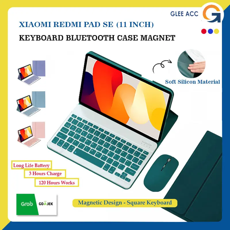 For Xiaomi Redmi Pad SE 11 Inch 2023 Keyboard Bluetooth Dengan Case Kotak Papan Ketik Square Rectangle Pelindung Tablet Tab Protection Warna Hitam Pink Hijau Tua Biru Muda Ungu Lavender Protect Slim Kesing Casing Bookcover Flipcover Ringan Mouse Kibord