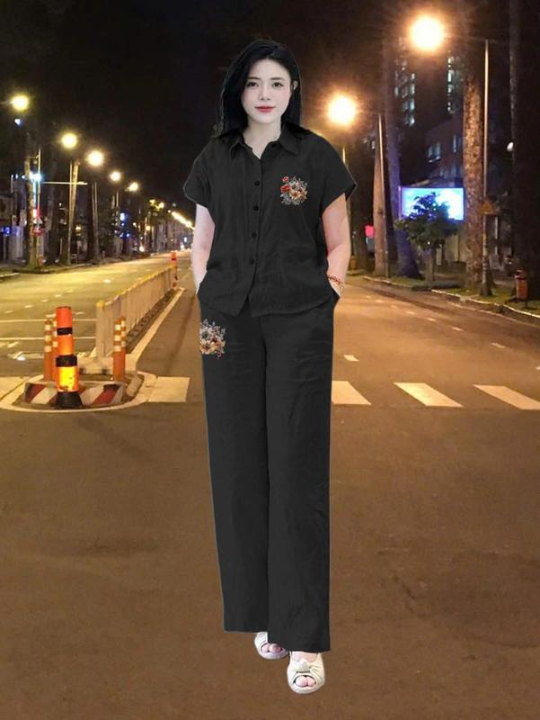 Set Bộ Mặc Nhà Nữ, Set Bộ Áo Sơ Mi Và Quần Ống Suông, Chất Đũi, Không Nhăn, Co Giãn, Top Women, set đồ đẹp ,Mã MD3