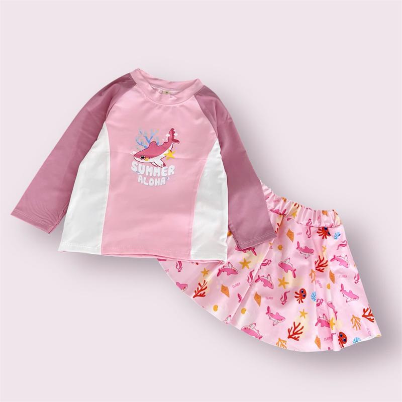 Đồ bơi cho bé gái sz 13-35 kg gồm áo dài tay+ chân váy hoạ tiết baby sark xinh yêu, bikini 2 mảnh cho bé gái