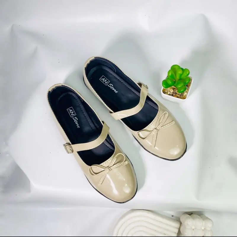 An Store Flat Shoes Sepatu Ballet Wanita Tali Gesper Pita Ribbon Hitam 4