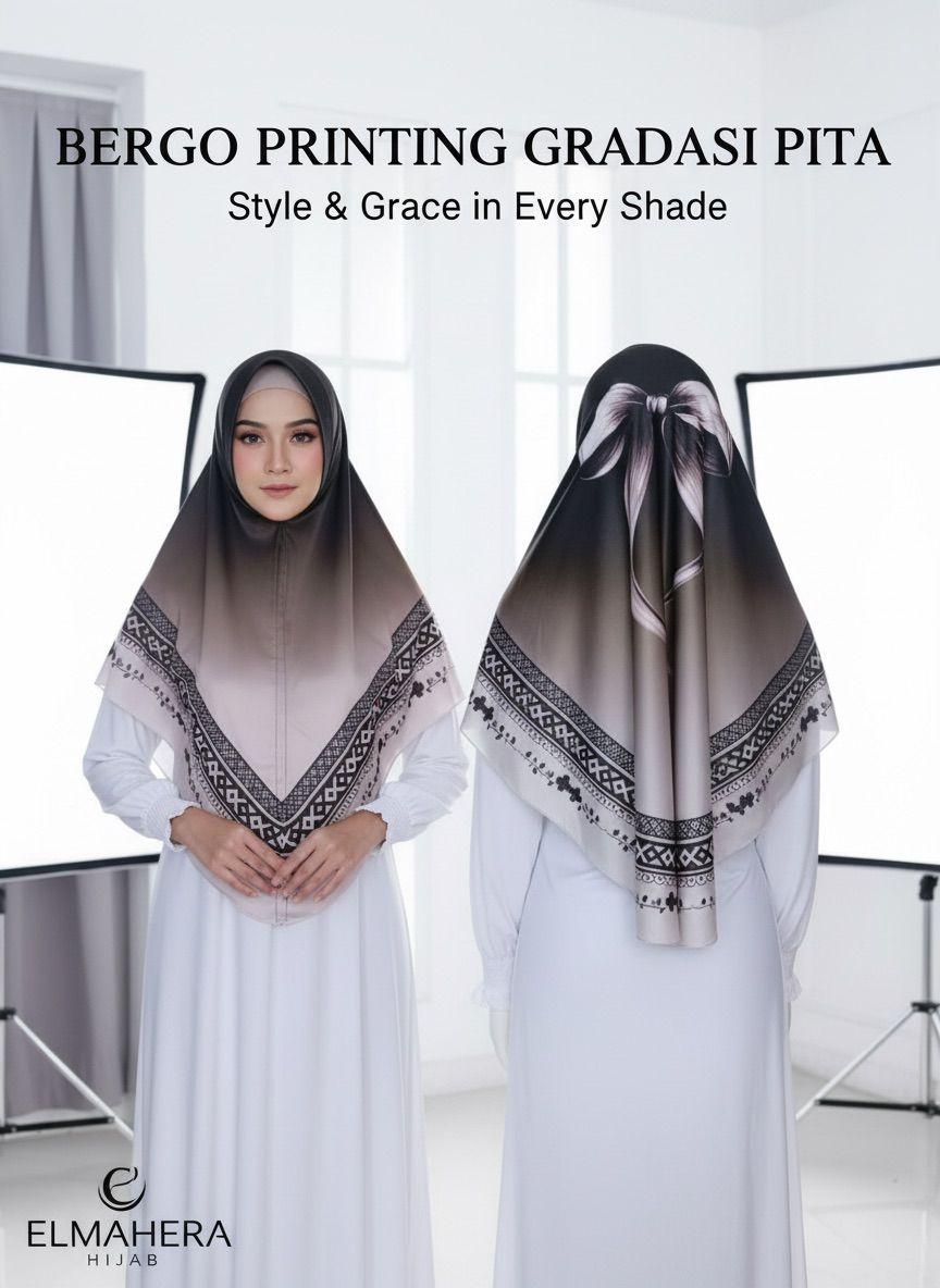 Hijab Bergo Motif Gradasi Pita Jersey Premium Bahan Nyaman 10 Warna Elegan & Tampilan Menarik