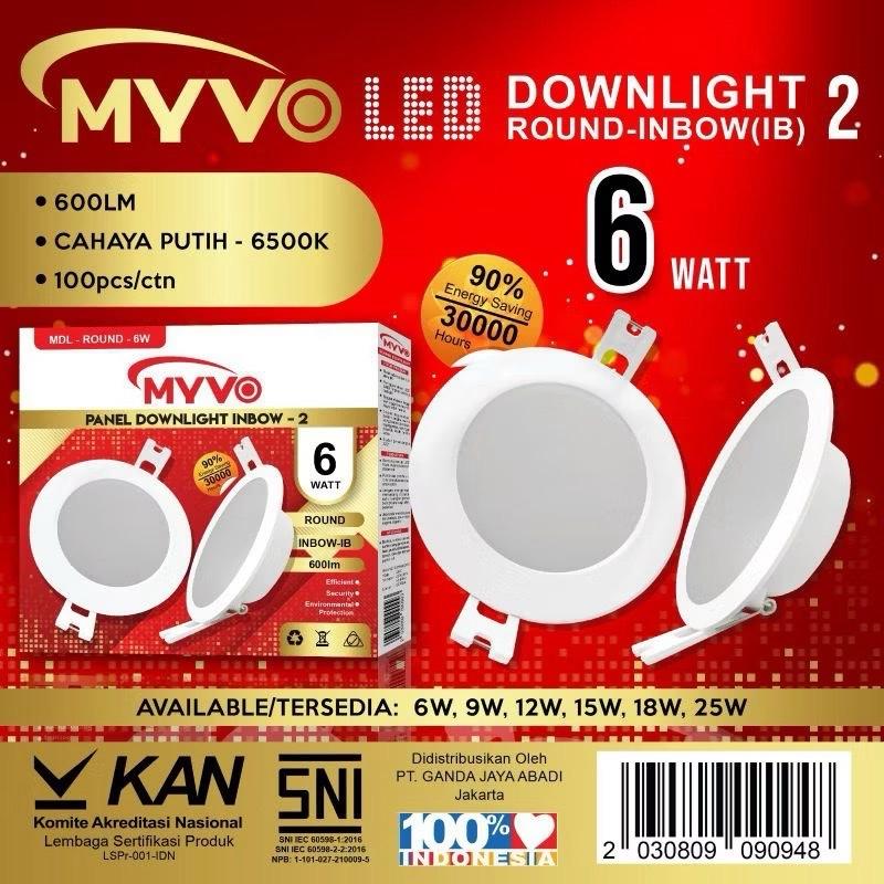 MYVO Downlight LED Round-Inbow 6W Cahaya Putih 6500K 600LM Lampu Plafon LED Berkualitas & Hemat Energi