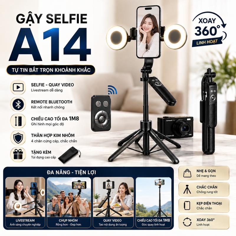 Gậy chụp ảnh Selfie 4 chân A14 1M8 điều khiển từ xa Tripod chụp ảnh Livestream