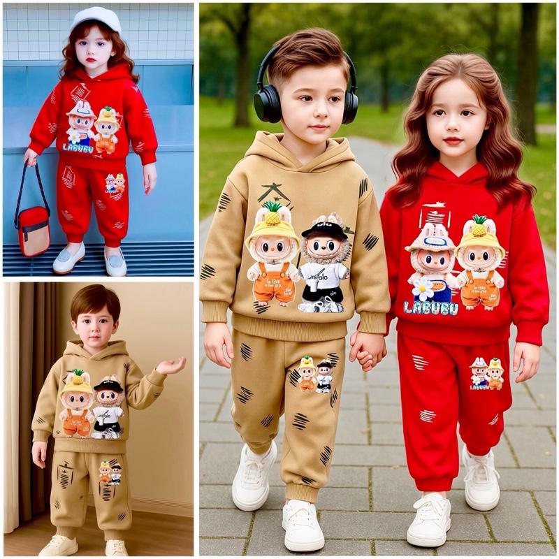 Combo 2 bộ NỈ BÔNG LABUBU có mũ cho BÉ GÁI và BÉ TRAI size từ 7-27kg Vải không quá dày