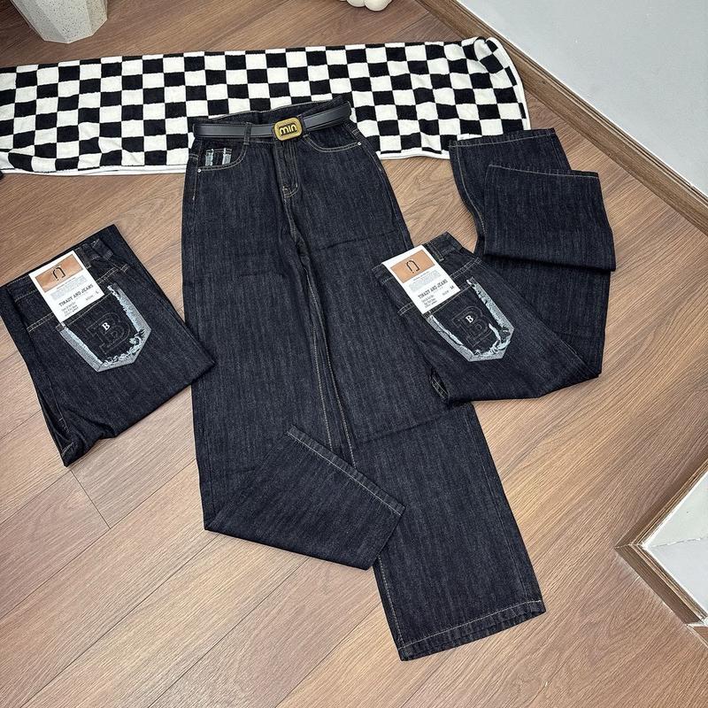 Quần jean  suông (CC) trơn  thêu túi B sau dài 105cm