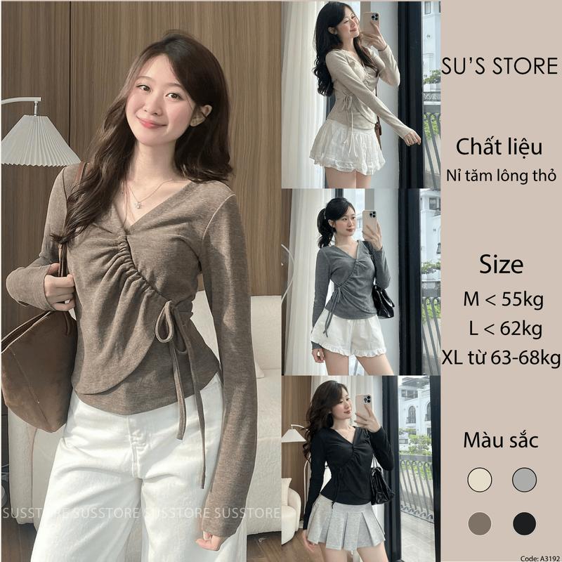  Áo Nỉ Tăm Lông Thỏ Cổ V Dây Rút Buộc Hông Susstore A3192 Thời Trang Nữ 