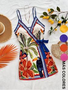 Vestido camisola de mujer con estampado floral, estilo boho sin mangas con tirantes finos para vacaciones en la playa, ropa de verano para mujeres