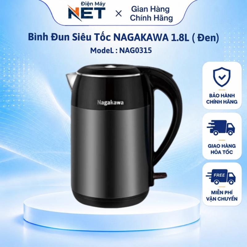 Ấm Siêu Tốc Inox NAGAKAWA NAG0315 1.8L 1800W | Màu Đen | Inox 304 | Tự Ngắt Khi Sôi | BH 12 Tháng