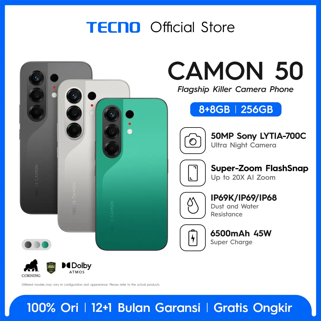[NEW] [SUPERZOOM FLASHSNAP] TECNO CAMON 50 8GB+8GB*/256GB, 50MP Sony + 8MP Ultra Wide, 32MP Front Camera, 1.5K 144Hz AMOLED, Mediatek Helio G200 Ultimate , IP69K, 45W Ultra Charging, camon50