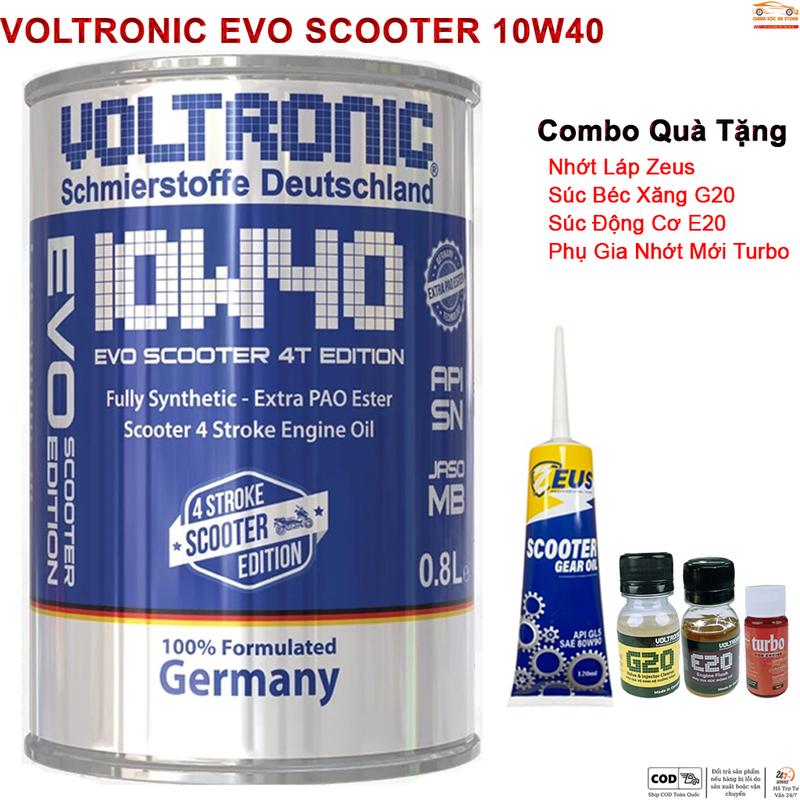 Dầu Nhớt Dành Cho Xe Tay Ga Voltronic Evo Scooter 10w40 - Tặng Kèm 4 Quà Gồm 1 Láp Zeus, 1 Súc Béc Xăng, 1 Súc Động Cơ Và 1 Phụ Gia Nhớt Mới