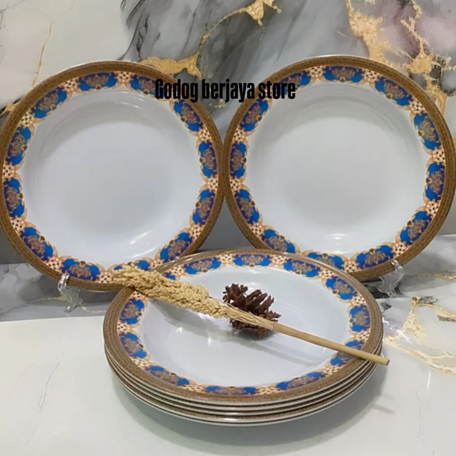 PROMO 12 PCS PIRING MAKAN 23 CM MELAMIN MOTIF KEMBANG DI PINGGIR TEBAL DAN ANTI PECAH 6PCS
