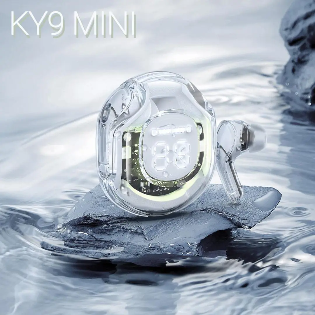 Tai nghe KY9 MINI [2 Quà tặng] 1 Dây buộc+1 Bao tay chơi game, Thân tròn trong suốt, Không dây Bluetooth, Có đèn thở mát mẻ với màn hình kỹ thuật số