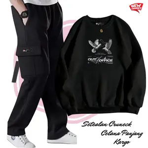 Setelana Celana Panjang Kargo Sama Cruneck Bahan Katun Fleece Terbaru Bahan Lokal Bandung Distro Unisex 2025 Pria Wanita Polos Dewasa Hitam Sarung