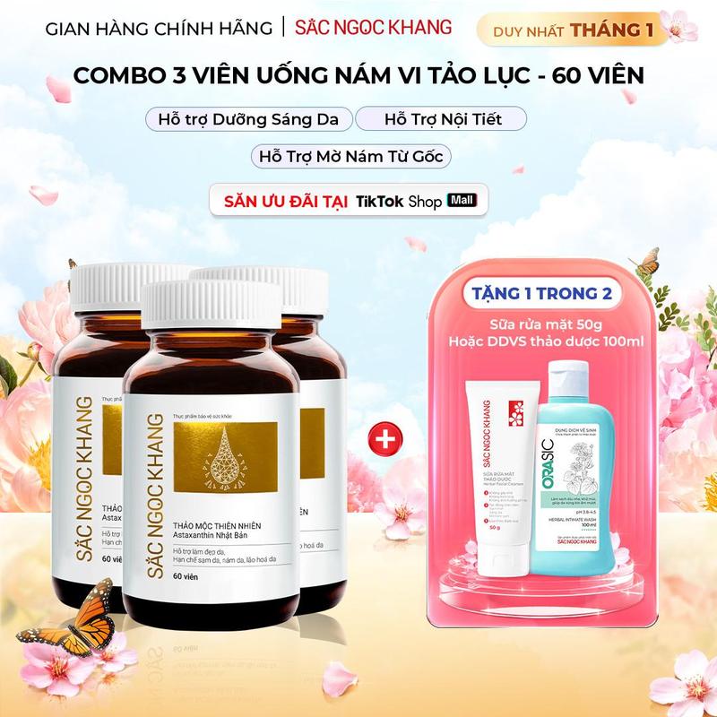  Combo 3 Viên Uống Đẹp Da Sắc Ngọc Khang Vi Tảo Lục  Hộp 60v  - Hỗ Trợ Dưỡng Da Cải Thiện Nám Sạm Tàn Nhang 
