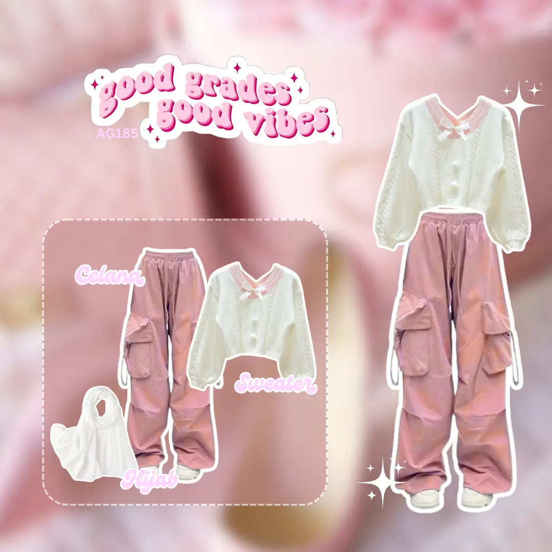 OOTD Korean Style Wanita Kekinian 3in1 OOTD Korean Style Sweater Kawai Putih + Celana Cargo Pink Flcece SET AG185 Doll Setelan Baju Atasan Cewek Fit Santai