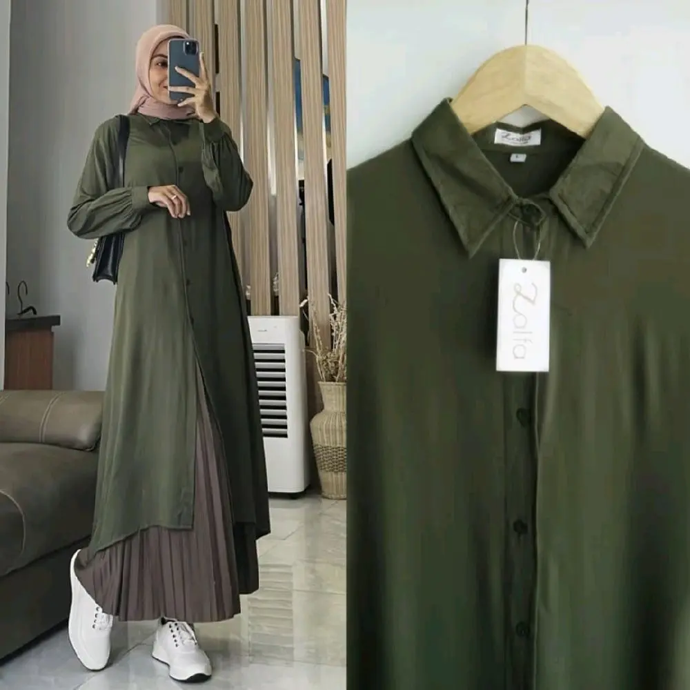 Long Tunik Bahan Rayon Twill Atasan Wanita Gamis Muslim Panjang Kancing Nyaman Basic Hitam Putih