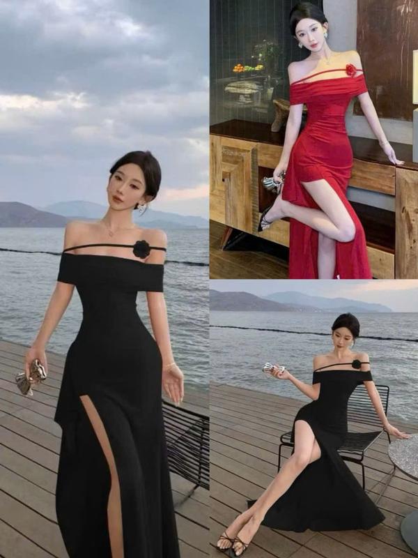 SM (có bigsize 80kg) - Đầm body trễ vai thiết kế xẻ tà đùi viền bèo đính dây hoa vai sang trọng - Thun ladong BB834 Váy boby , váy body nữ tôn dáng , váy xinh , váy đi tiệc , váy đi biển