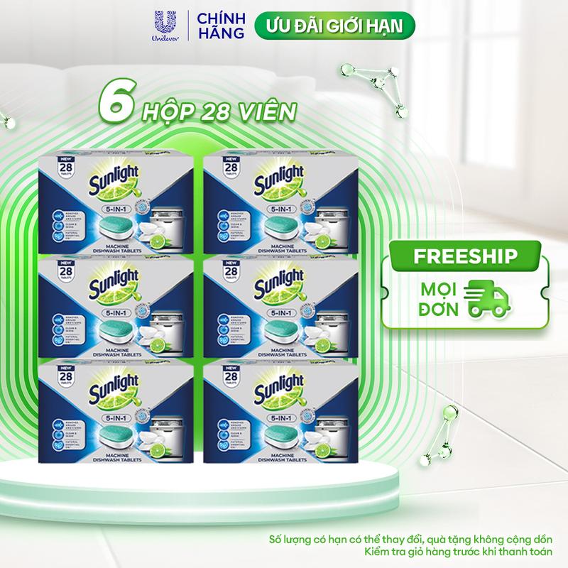 Combo 6 Hộp Viên Rửa Chén Bát SUNLIGHT 5 in 1 Cho Máy Rửa Chén Bát