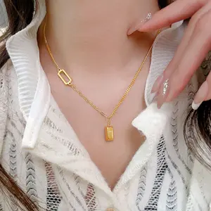 Kalung Titanium Wanita Terbaru Model Liontin Emas Kotak Lapis 925 Rantai Nuri Kombinasi Bolong Anti Karat Tidak Mudah Luntur
