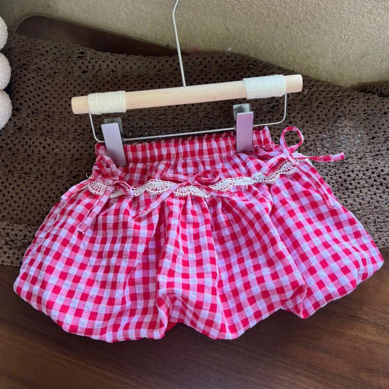 Chân Váy Lẻ Bí Caro Đỏ Phối Ren (Nơ) 40T Dành Cho Bé Gái