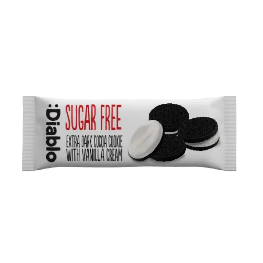Diablo Sugar Free Sandwich Cookies | Vallila with Cocoa Cream | Extra Dark with Vanilla Cream | 44g Snack Biscuits