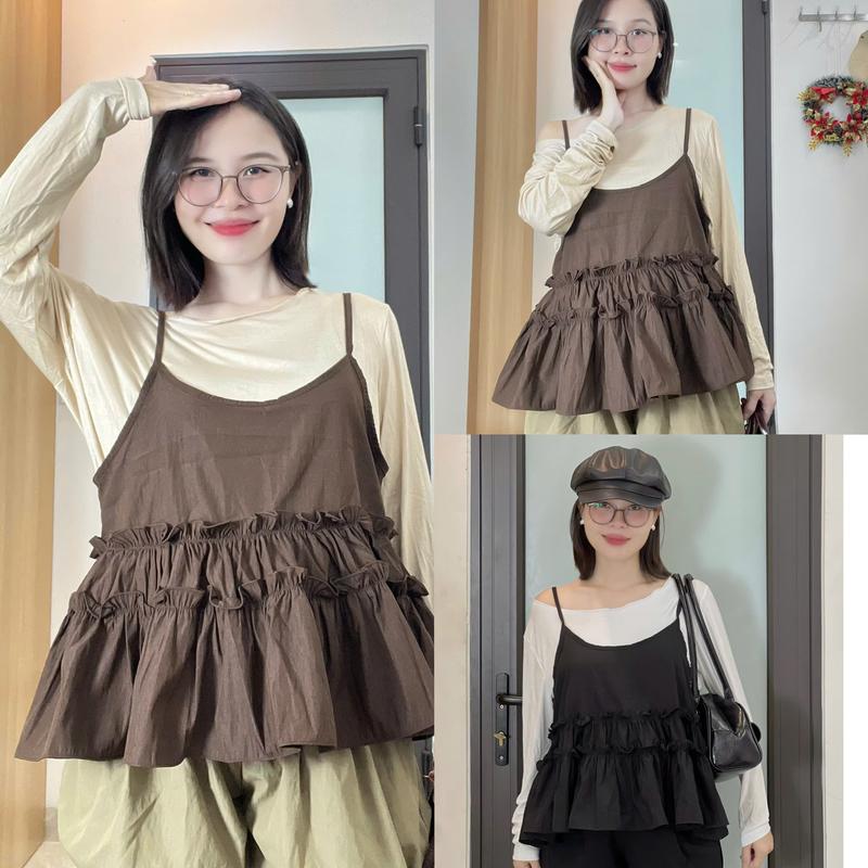   Bigsize  Set yếm bèo gió phối áo thun dài tay xinh xắn đủ size 50-95kg 