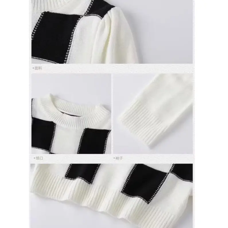 Sweater Rajut Crop Top Korean Style Motip Kotak Kotak Atasan Wanita Crop 6