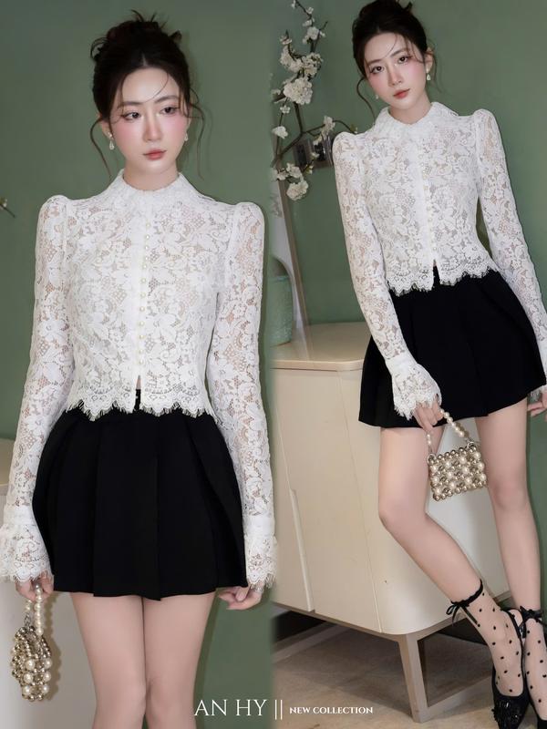 Áo kiểu cao cổ thiết kế dài tay cúc ngọc phối ren thời trang Hàn Quốc AH359 sang chảnh tiểu thư AN HY