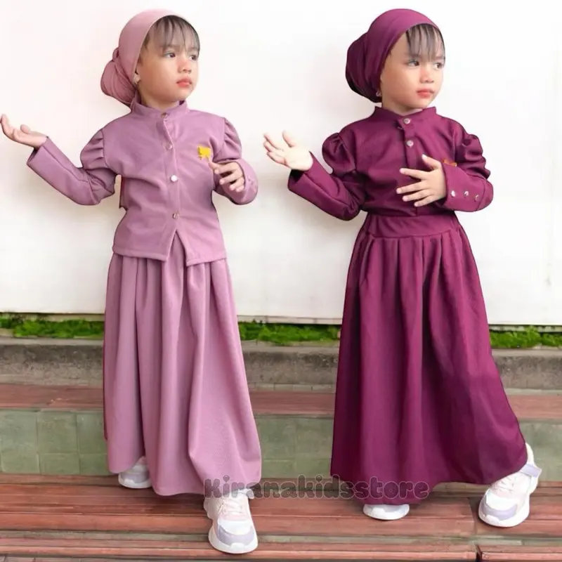 One Set Rok knit anak perempuan model baju crop untuk lebaran usia 3 sampai 12 tahun Muslim Nyaman Setelan Atasan 2